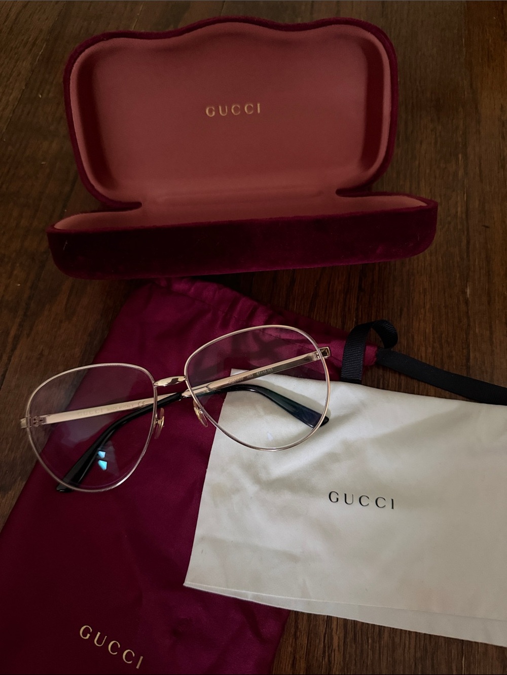 Gucci Women's Gold Frame Eyeglasses with Burgundy Case and Pouch